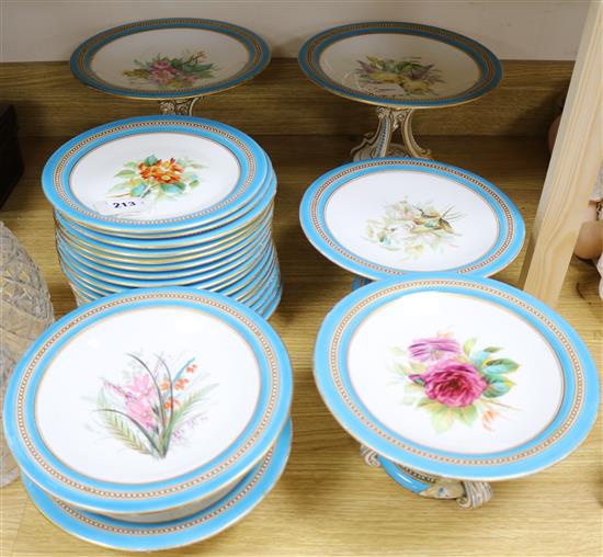 A Royal Worcester botanical dessert service, comprising 18 plates and three pairs of graduated tazzas,